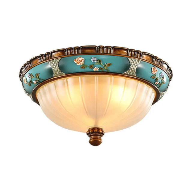 Green Retro Ribbed Glass Flush Mount Ceiling Light With Hemispherical Embossed Flower Design - 15/19