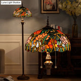 Green Stained Glass Bowl Pull Chain Floor Lamp - 2 Heads Stand Decorative Flower Light