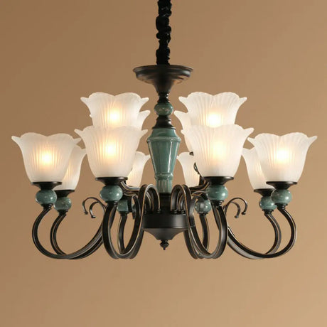 Green Vintage Floral Frosted Opal Glass Chandelier Pendant Light For Living Room 12 / Up