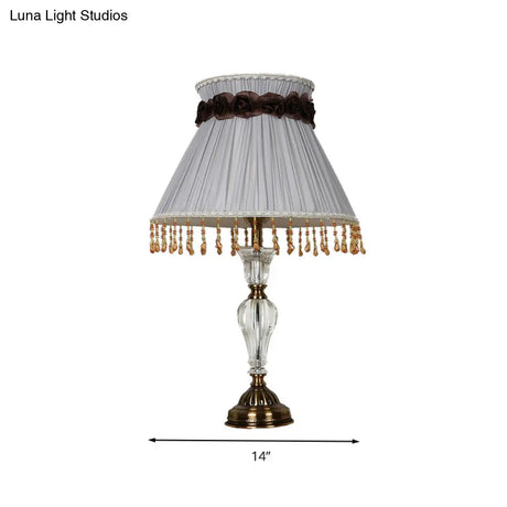 Grey Fabric Night Lamp With Crystal Droplet - Conical Lodge Bedroom Nightstand Light