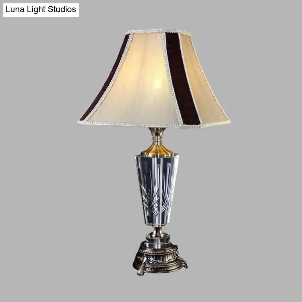 Grey Fabric Nightstand Lamp With Crystal Accent - Simple Bell Paneled Design 1 Light