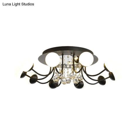 Hand-Cut Crystal Sphere Ceiling Light With Modern Design: 10/12-Head Black/White Mounting For