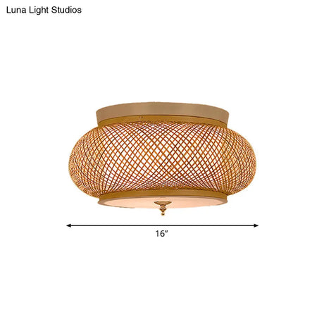 Hand - Knitted Lantern Design Asian Style Bamboo Pendant Light - 3 - Light Yellow Ceiling Fixture