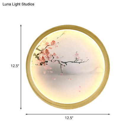 Hand-Painted Floral Mural Led Wall Sconce With Chinese Fabric Gold Frame - Perfect For Living Rooms
