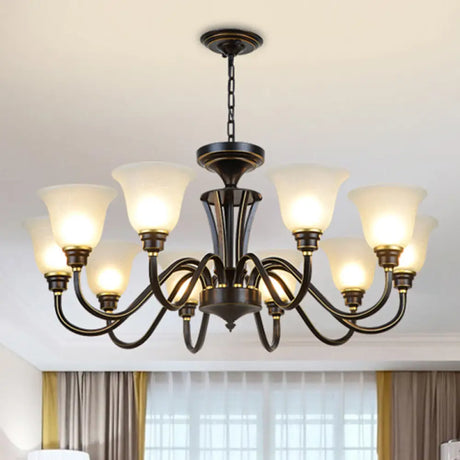Handblown Glass Bell Suspension Chandelier - Rustic Living Room Light Fixture 10 / Black