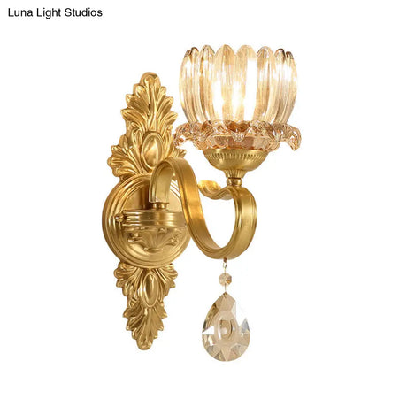 Handblown Glass Gold Floral Corridor Wall Mount Light With Crystal Accent - Minimalistic Lighting