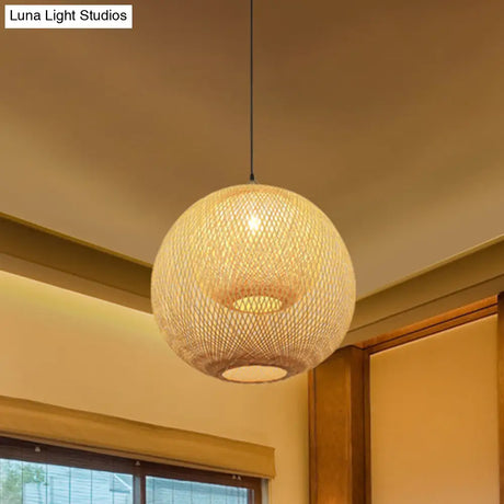 Handcrafted Bamboo Ceiling Light - Chinese Inspired 1-Bulb Beige Fixture