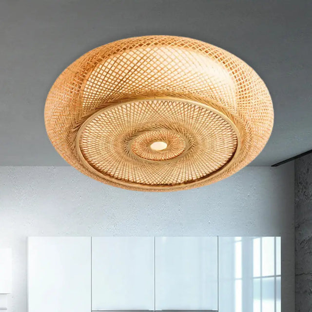 Handcrafted Bamboo Flush Mount Ceiling Light - 3-Light Beige Round Shade Fixture 16’/19.5’