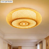 Handcrafted Bamboo Flush Mount Ceiling Light - 3-Light Beige Round Shade Fixture 16/19.5 Width Lamp