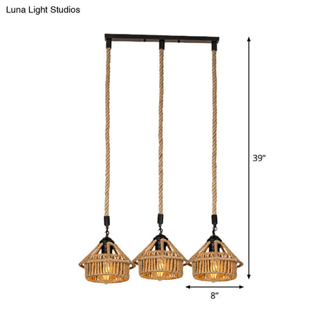 Handcrafted Cottage Brown Multi-Pendant Light Fixture With Rope Detail - Round/Linear Canopy (3/6