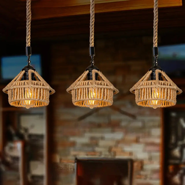 Handcrafted Cottage Brown Multi-Pendant Light Fixture With Rope Detail - Round/Linear Canopy (3/6