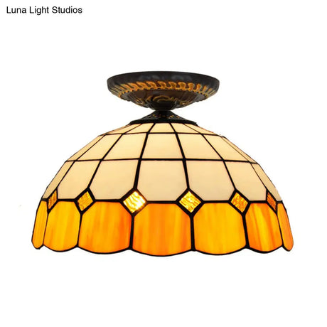 Handcrafted Stained Glass Tiffany Flush Mount Light: Led Grid Pattern 1 Bulb Close To Ceiling Lamp