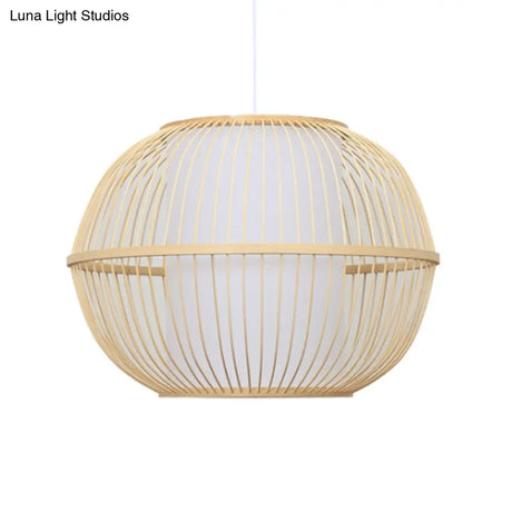 Handmade Asian Style Bamboo Hanging Light Fixture - 12/14 Width 1-Light Beige Suspended Lamp With