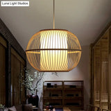 Handmade Asian Style Bamboo Hanging Light Fixture - 12/14 Width 1-Light Beige Suspended Lamp With
