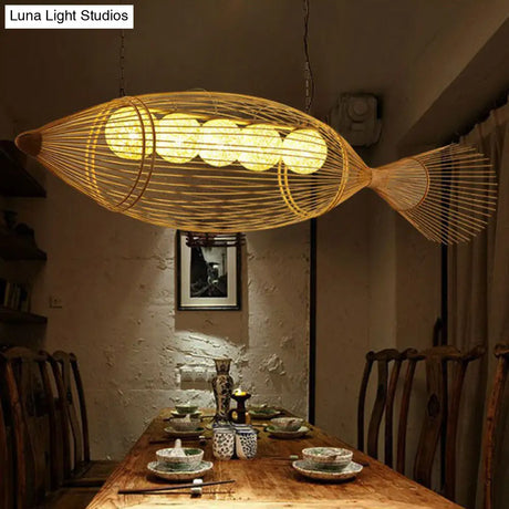 Handwoven Asian Fish Bamboo Suspension Light - Rustic Wood Restaurant Chandelier