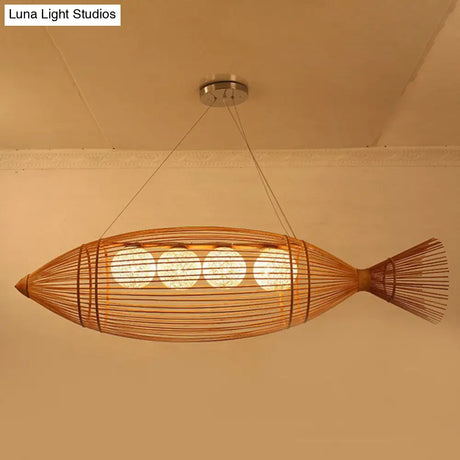 Handwoven Asian Fish Bamboo Suspension Light - Rustic Wood Restaurant Chandelier