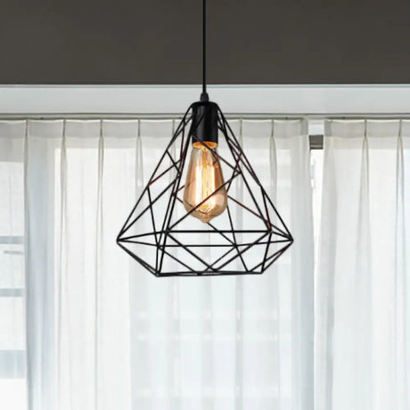 Hanging Diamond Shade Metal Kitchen Ceiling Light With Farmhouse Style And Wire Frame In Black