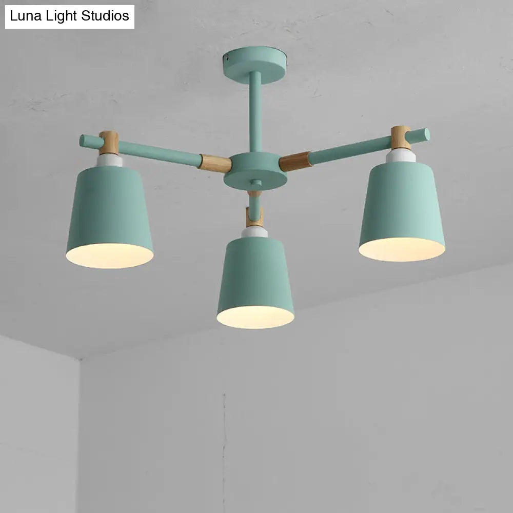 Hanging Nordic Metal Bedroom Chandelier With Wooden Joint - Horn Shade Ceiling Light Fixture