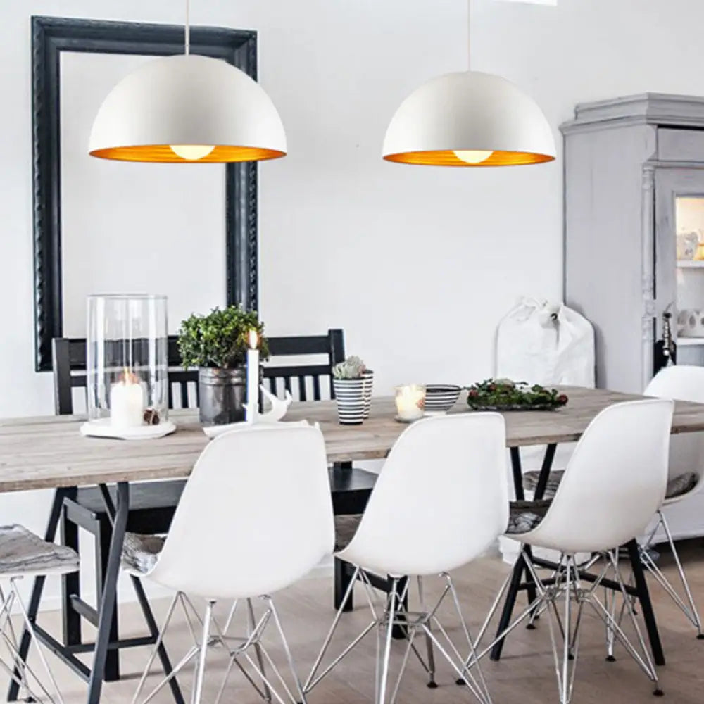 Hemisphere Industrial Metal Pendant - 1 Light Down Lighting For Dining Room Suspension White-Gold /