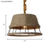 Hemp Rope Beige Pendant Light With Metal Cage Shade - Lodge Hanging Fixture For Restaurant