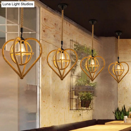 Hemp Rope Caged Pendant Light - Vintage Single-Bulb Hanging Fixture For Restaurants In Brown