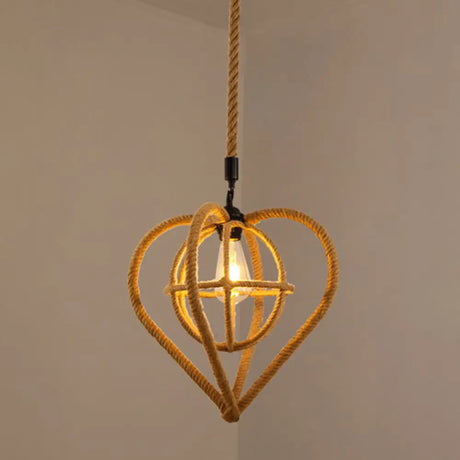 Hemp Rope Caged Pendant Light - Vintage Single-Bulb Hanging Fixture For Restaurants In Brown / D
