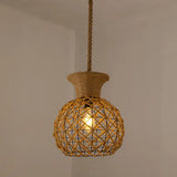 Hemp Rope Caged Pendant Light - Vintage Single-Bulb Hanging Fixture For Restaurants In Brown / F