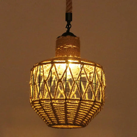 Hemp Rope Industrial Ceiling Pendant Light - Flaxen Single Hanging Fixture For Restaurants / H