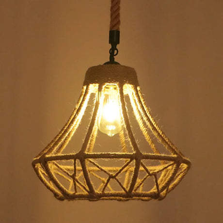 Hemp Rope Industrial Ceiling Pendant Light - Flaxen Single Hanging Fixture For Restaurants / J