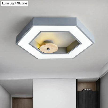Hexagon Frame Metallic Led Macaron Flush Mount Ceiling Lighting In Green/Grey/Black And Wood For