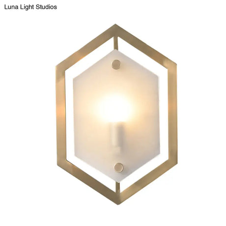 Hexagon Sconce Lighting: Postmodern Metallic 1-Bulb Brass Wall Lamp With Translucent Glass Shade
