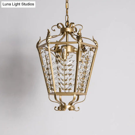 Hexagonal Pendant Chandelier: 3-Light Rustic Antiqued Gold Crystal Lighting For Living Room