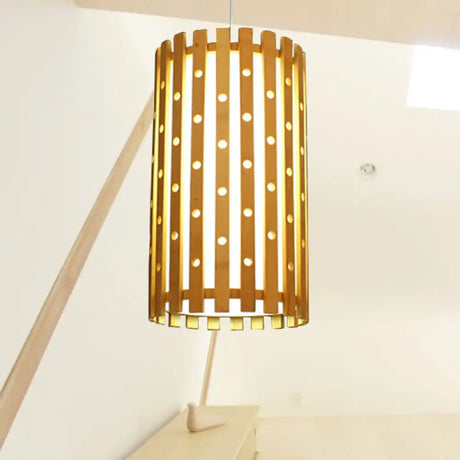 Hollow Bamboo Cylinder Ceiling Light: Modern Beige Hanging Lamp For Living Room Single Bulb