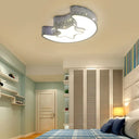 Hollow Star Moon Led Ceiling Lamp For Kids Room - Eye-Caring Cartoon Flush Mount Light Blue / White