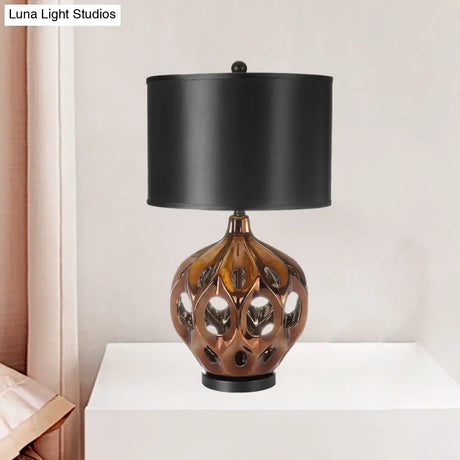 Hollowed Out Ceramic Jar Nightstand Lamp - Retro 1-Bulb Table Lighting In Gold/Rose Gold With Black