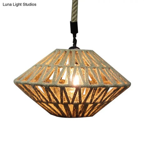 Hollowed Pendant Rustic Brown Jute Rope Ceiling Lamp With Flying Saucer Design - 1 Light