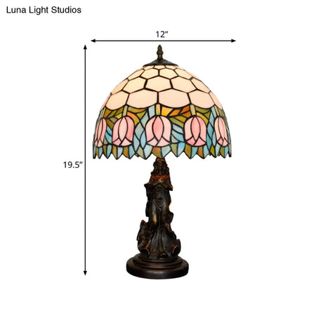 Honeycomb Shade Tiffany Bronze Stained Glass Nightstand Lamp With Rose Edge And Angel Base