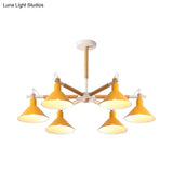 Horn Shape Hanging Pendant Chandelier With Wood And Metal Accents - 6 Bulbs Macaroon-Inspired Ideal