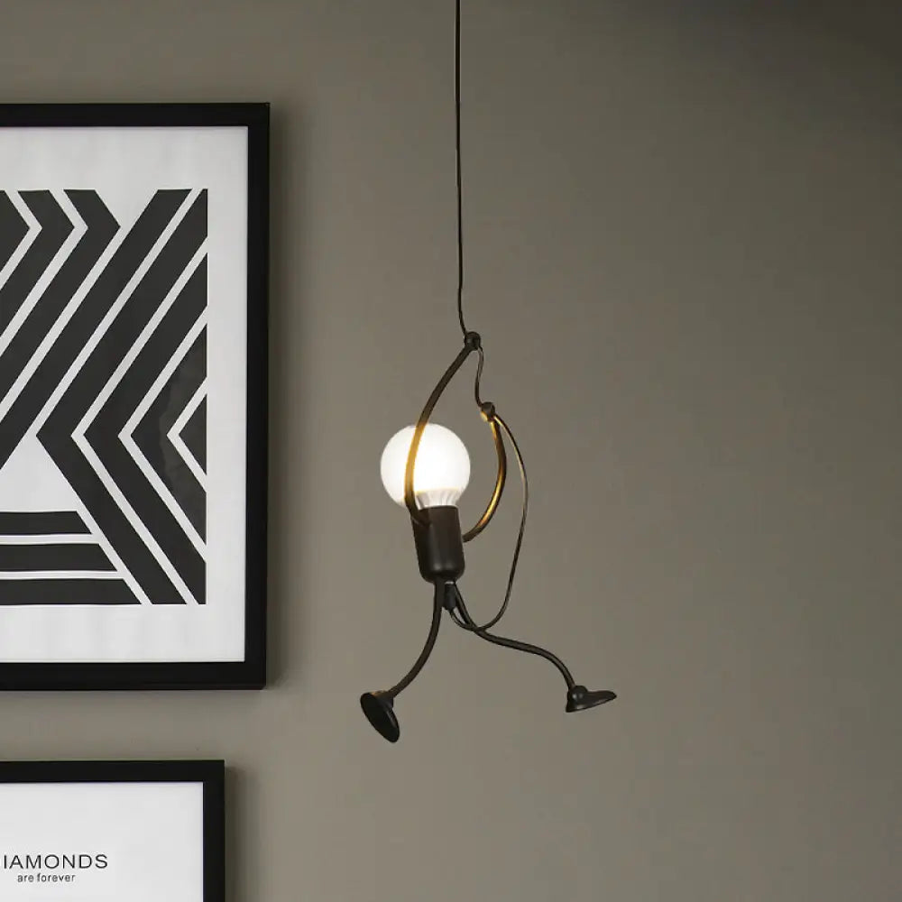 Human Shape Pendant Light: Black Finish Industrial Iron 1-Bulb For Restaurants