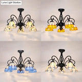 Indoor Stained Glass Semi Flush Mount Light - 5-Light Loft Tiffany Lighting In