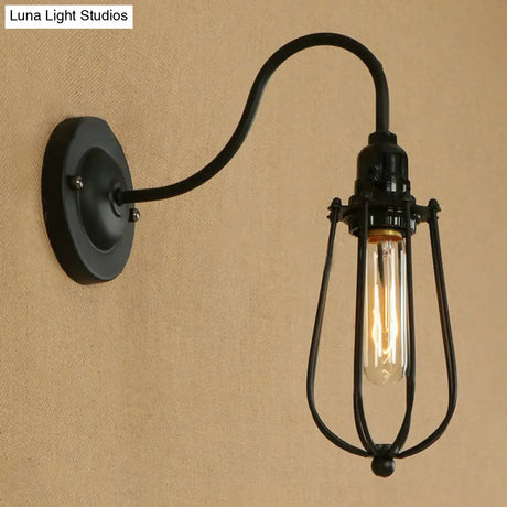 Industrial 1 Light Metallic Oval/Teardrop/Bulb Wall Lamp With Wire Guard In Black