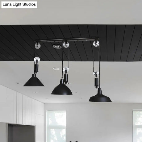 Industrial 3-Light Pendant With Adjustable Shades And Pulley Design In Black