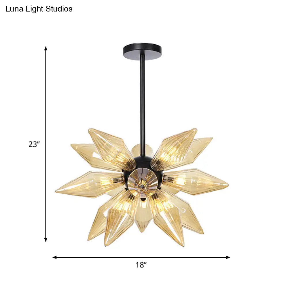 Industrial Amber/Clear Ribbed Glass Pendant Lighting With Starburst Design - 9/12/15 Heads Bedroom