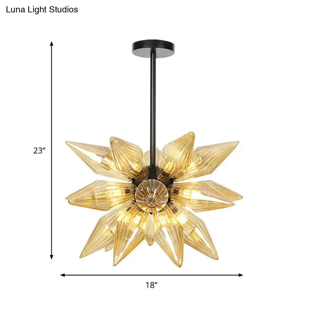 Industrial Amber/Clear Ribbed Glass Pendant Lighting With Starburst Design - 9/12/15 Heads Bedroom