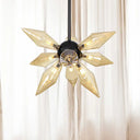 Industrial Amber/Clear Ribbed Glass Pendant Lighting With Starburst Design - 9/12/15 Heads Bedroom