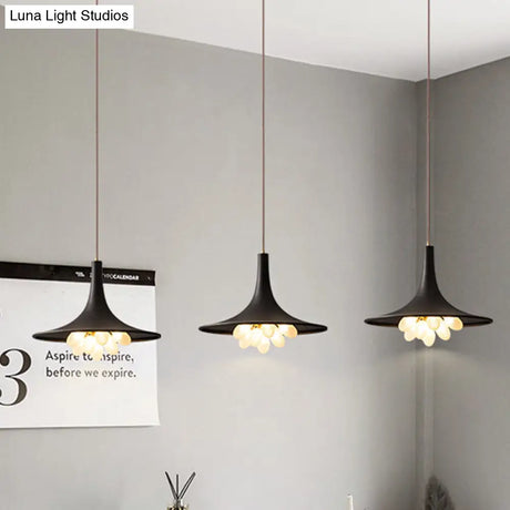 Industrial Black Iron Pendant Chandelier With Wide Flared Shade – Grapes Frosted Glass Dining
