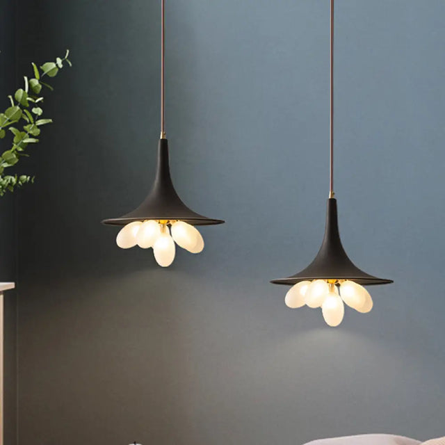 Industrial Black Iron Pendant Chandelier With Wide Flared Shade – Grapes Frosted Glass Dining
