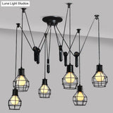 Industrial Black Iron Swag Pendant Lighting With 6 Caged Lights And Pulley