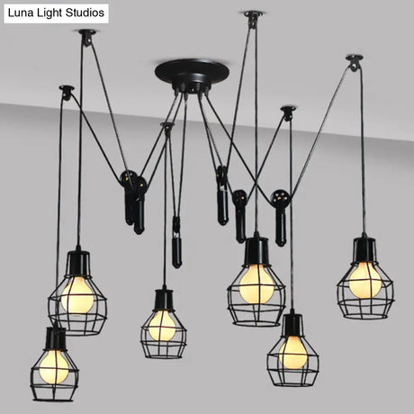 Industrial Black Iron Swag Pendant Lighting With 6 Caged Lights And Pulley