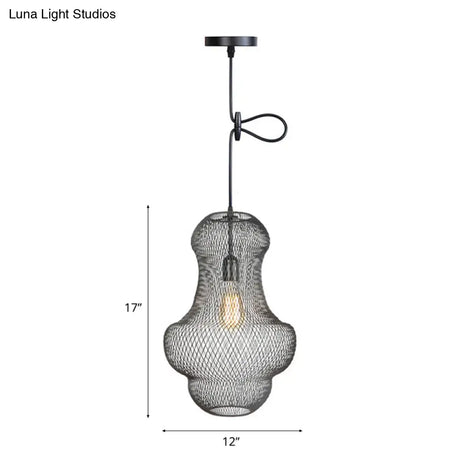 Industrial Black Mesh Cage Pendant Light - Modern Metal Hanging Lamp For Dining Room